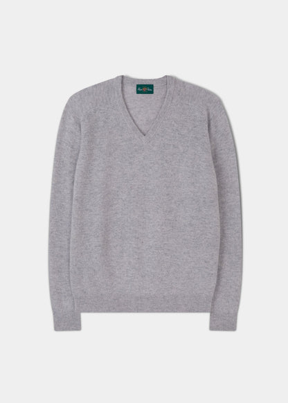 Men's Lambswool Vee Neck Jumper in Light Grey Mix - Regular Fit